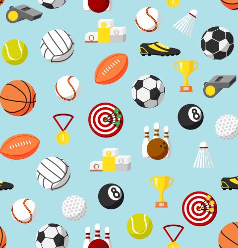 Seamless sports ball and equipment pattern background vector illustration
